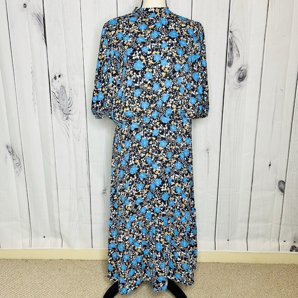 NWT Ann Taylor Blouson Midi Dress Navy Floral Sz 14 Short Sleeve Lined